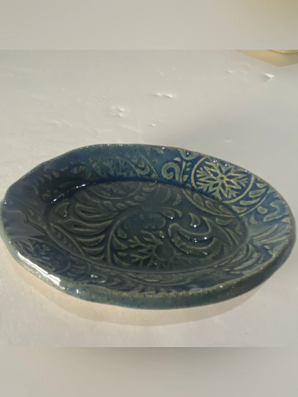 Handmade Pottery Trinket Dish Set of 2 Blue Floral Carved Ring Jewelry Small